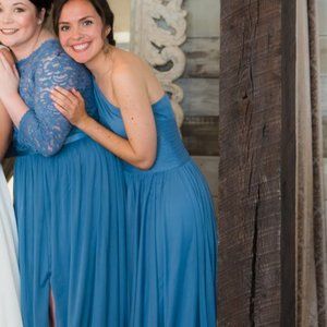 David's bridal steel blue mesh one shoulder bridesmaid dress size 4